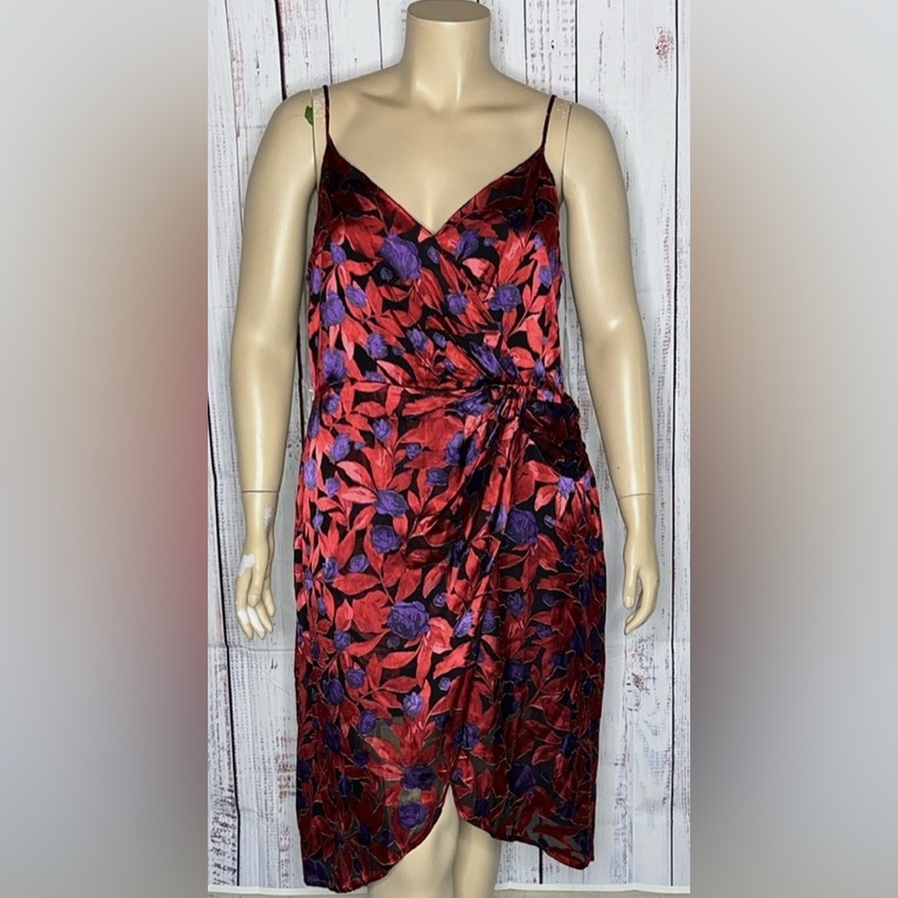 New - Worthington Black/Red/Purple Floral Print Faux Wrap Dress